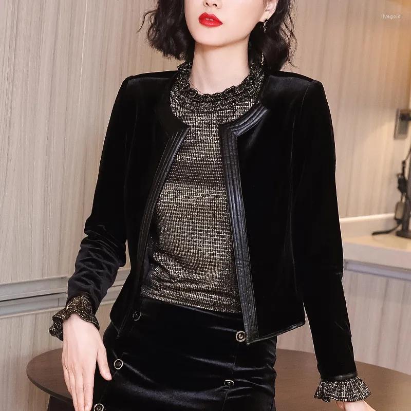 

Women' Jackets Small Suit Jacket Women 2023 Autumn Black Velvet Long-sleeved Short Round Neck Cardigan Jean Denim