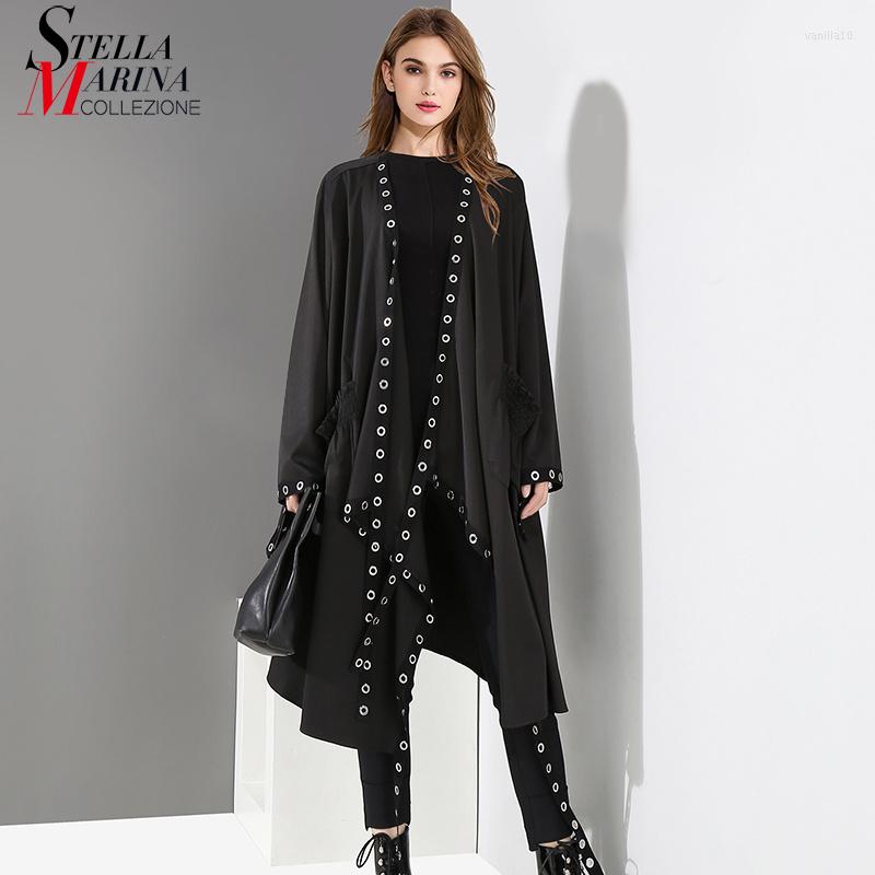 

Women's Jackets Korean Woman Solid Black Unique Cape Style Jacket Open Design Big Size Long Tape Metal Holes Ladies Loose Cloak 3843