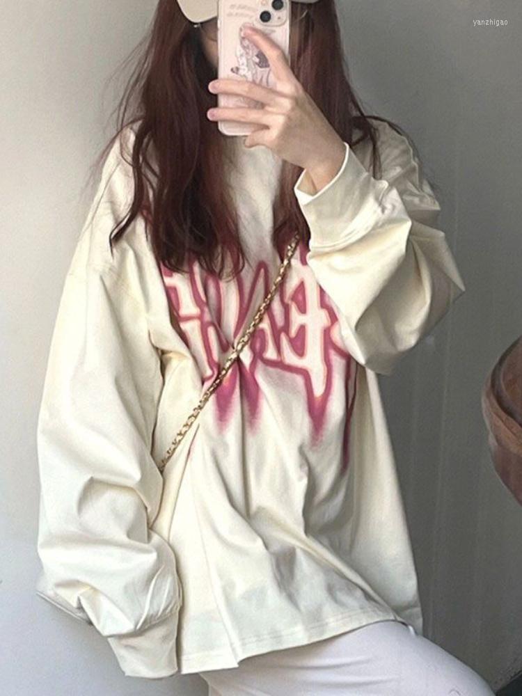 

Women's T Shirts HOUZHOU Harajuku Y2k Women T-shirts Letter Graphic Sweet Oversized Casual Long Sleeve Tee Korean Fashion Streetwear Female, Apricot