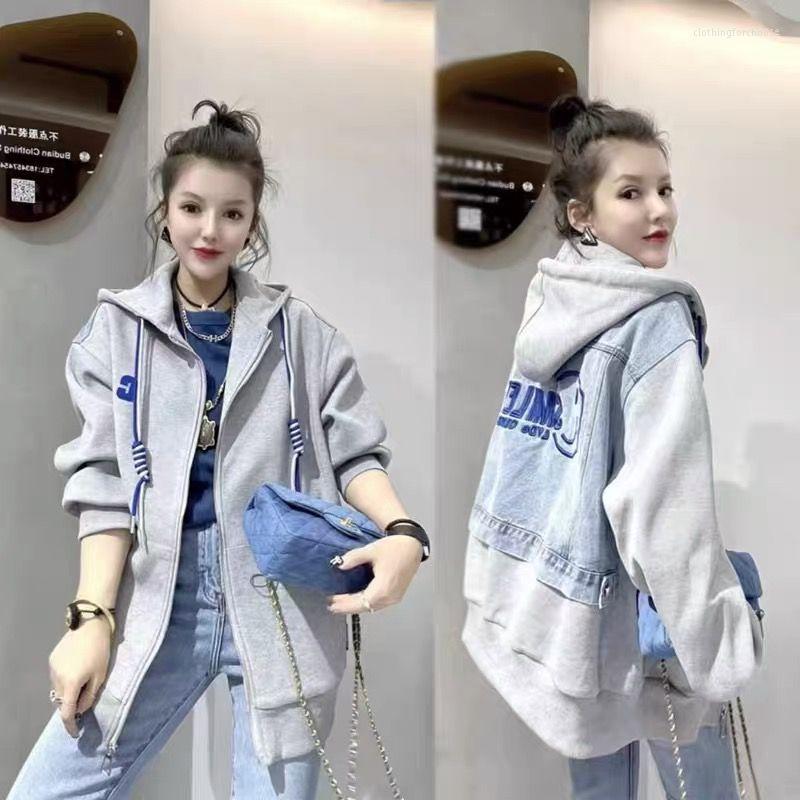 

Women's Jackets Baseball Jacket Denim Patchwork Fake Two-piece Hooded Sweater Cardigan Women Coats Sweatshirt Oversized Tops Korean Fashion, Blue