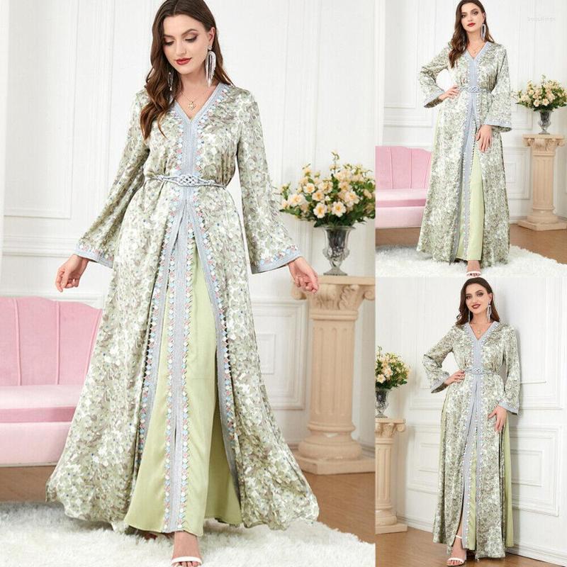 

Ethnic Clothing Women Print Maxi Dress 2pcs Muslim Abaya Moroccan Kaftan Islamic Party Arab Robe