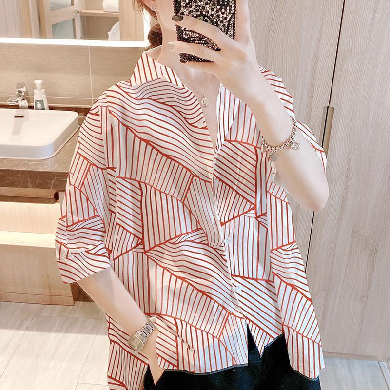 

Women's Blouses Korean Casual Striped Spliced Commute Blouse Female Clothing Single-breasted Fashion Polo-Neck Summer Half Sleeve Loose, Picture color