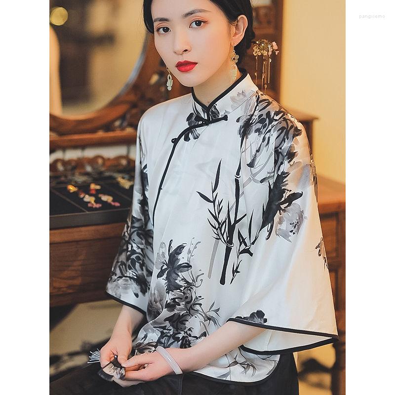

Ethnic Clothing Vintage Imitation Mulberry Silk Ink Bamboo Printed Long Sleeves Cheongsam Top 2023 Autumn Chinese Shirt Women Plus Size