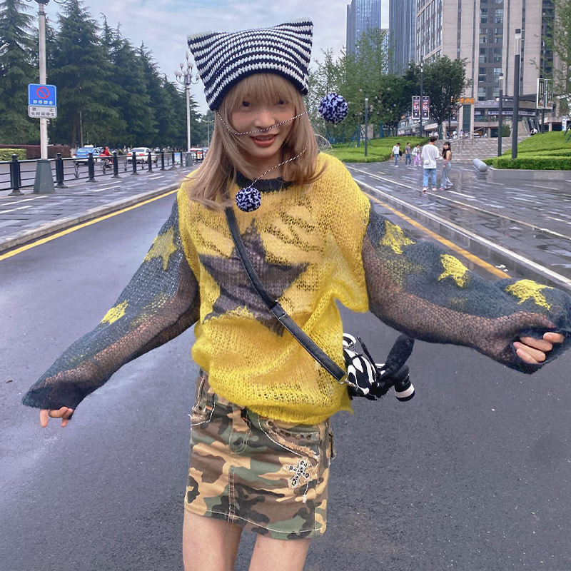 

Women's T-Shirt Gothic T Shirt Women Round Neck Star Pattern Long Sleeve Knitted Tops Hollow Out Clothes Emo Girl Knitwear y2k Aesthetic Tee 230203, Yellow