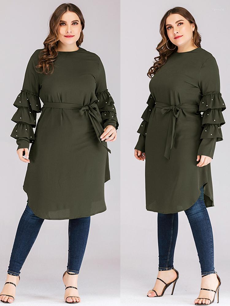 

Ethnic Clothing Solid Color Muslim Tops And Blouses Women Long Sleeve Beaded Lace-up Arab Dubai Female Loose Spring Summer