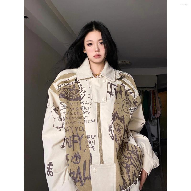 

Women's Jackets American Graffiti Print Harajuku High Street Oversized Jacket Female Y2K Loose Motorcycle Baseball Couple Lapel Male Ins