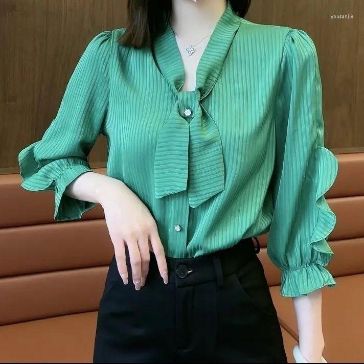 

Women' Blouses 2023 Fashion Chiffon Women Blouse And Tops Shirts With Tie Solid V Neck Pullovers Female Loose Casual H54, Green