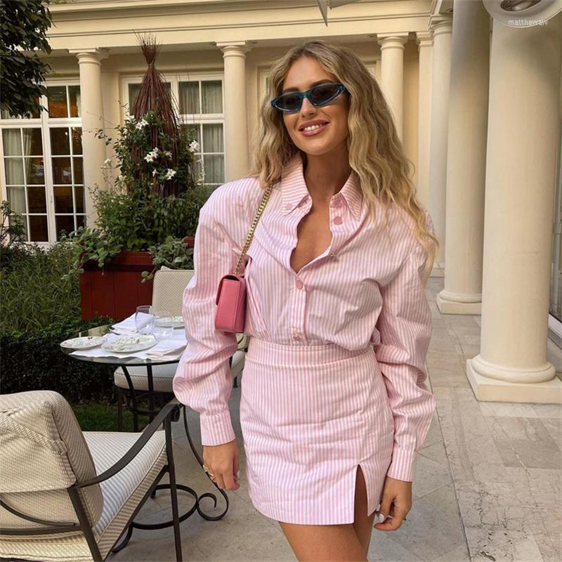 

Work Dresses Clothland Women Sweet Pink Striped Suit Long Sleeve Blouse Shirt Zipper Mini Skirts Cute Two Piece Set Mujer TZ807