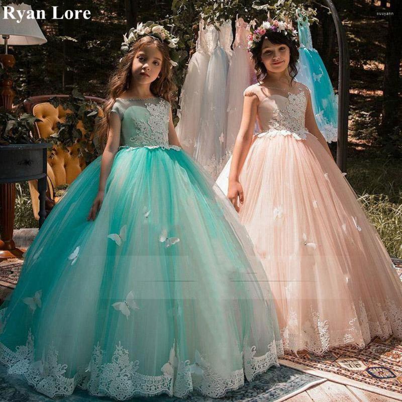 

Girl Dresses Blue Elegant Ball Gown Fower Short Sleeves Princess Dress 2023 Weddings First Communion Pageant Gowns