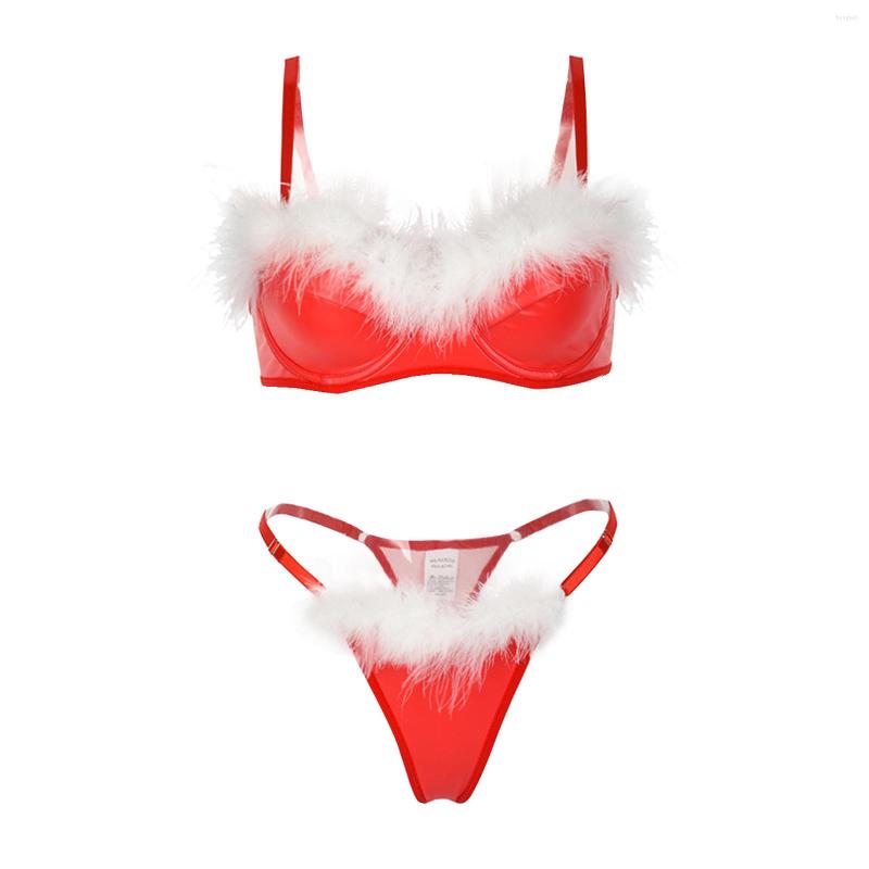 

Bras Sets Womens Glossy PU Leather Lingerie Set Christmas Holiday Party Clubwear Faux Fur Adorned Camisole Top With Low Rise Underwear, Red