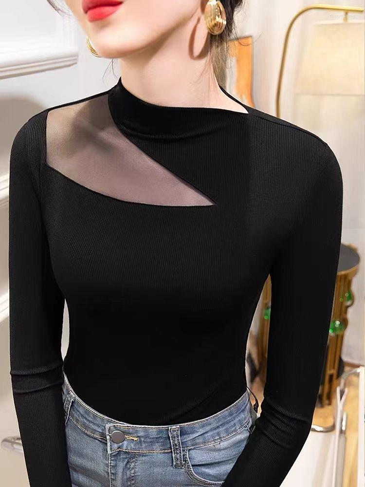 

Women' T Shirts Autumn And Winter 2023 Women' Fashion Solid Color Irregular Edge T-Shirt Casual Slim Fit O Neck Long Sleeve Top T377, Black