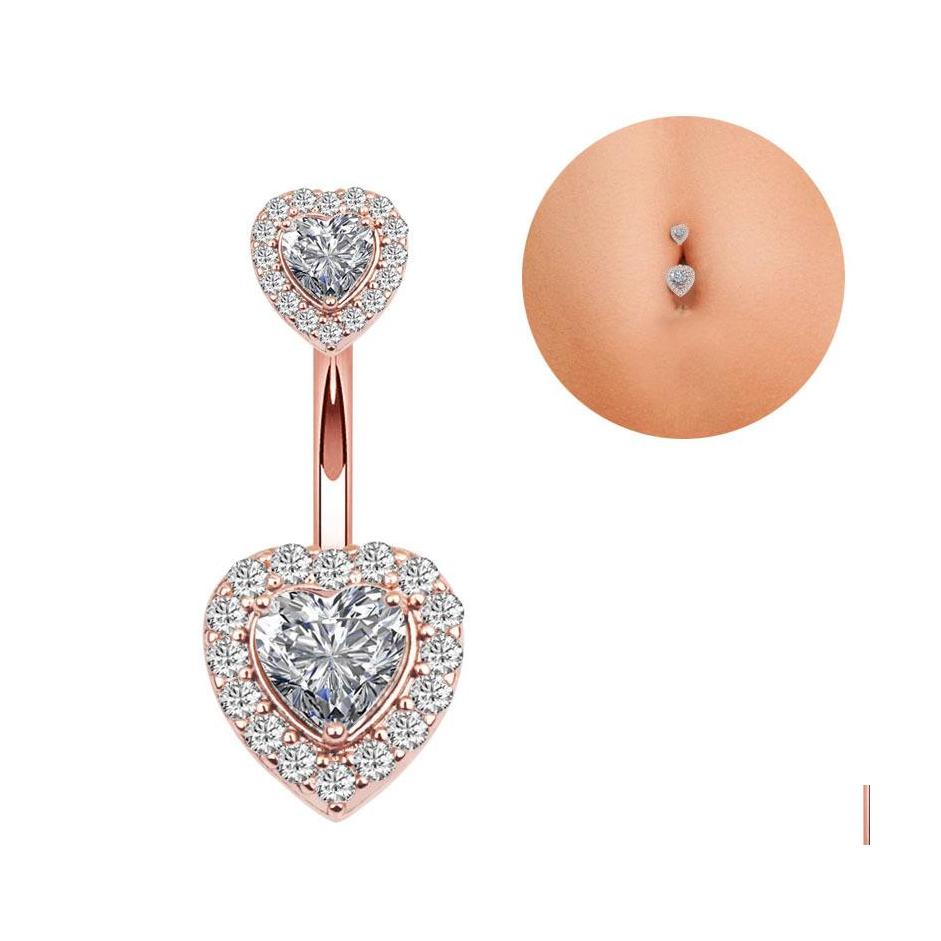 

Navel Bell Button Rings Body Jewelry Single Piece Stainless Steel Belly Ring Diamond Zircon Double Heart Rose Gold Sexy Women Girl Dhpfm