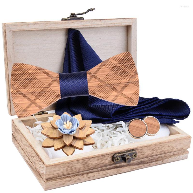 

Bow Ties Men's Plaid Wooden Tie Set Striped Wood Bowtie Handkerchief Cufflinks Brooch Sets With Box For Men Wedding Gifts
