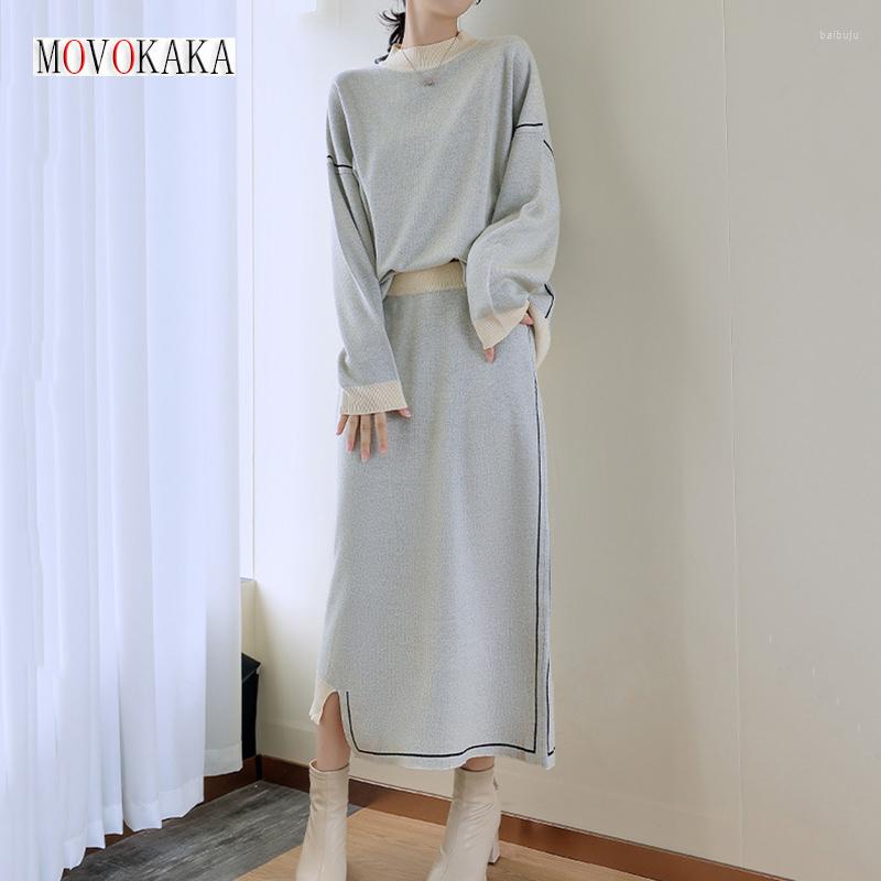 

Work Dresses MOVOKAKA Elegant Skirt Sets Women Knitted Sweater Tops And Long Skirts Two Piece Womens Outifits Autumn Winter, Black