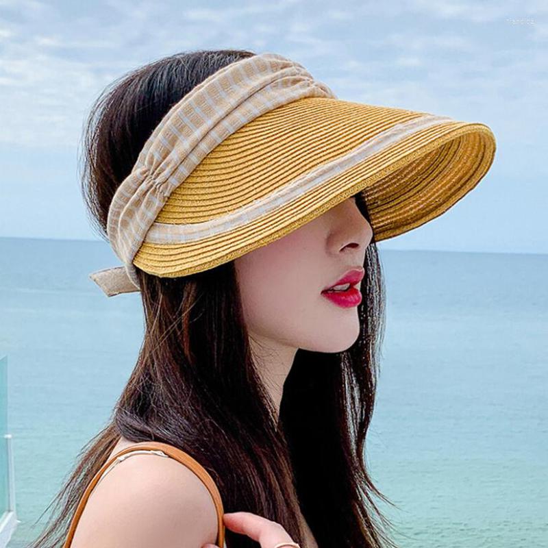 

Wide Brim Hats Fashion Summer Sun Women Straw Hat Adjustable Empty Top Outdoor Protection Caps Large Visors Casquette Femme, Black