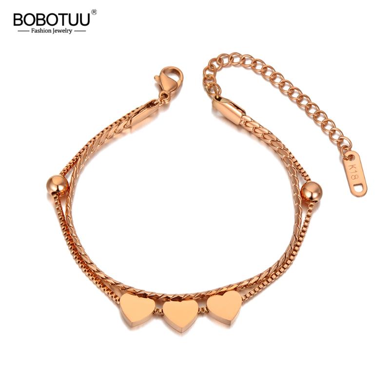 

Link Bracelets Chain BOBOTUU Titanium Stainless Steel Bohemia Beach Double Layer For Women Girl Trendy Heart & Ball Charm Bracelet BB20123