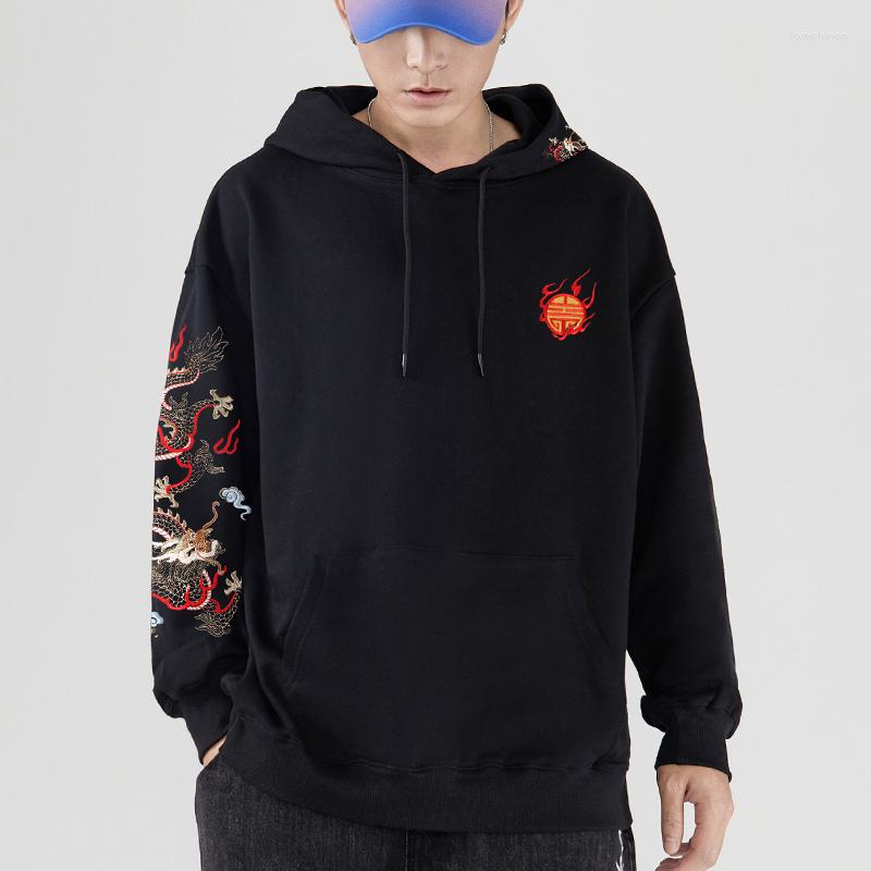 

Men's Hoodies Embroiderey Men Dragon Retro Hooded Cool Chinese Streetwear Sweatshirt Hip Hop Hoody Male Loose Autumn 2023, Black