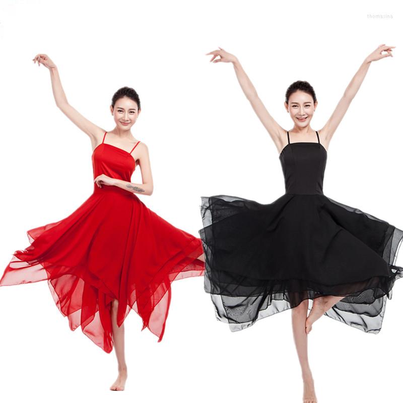 

Stage Wear Women Ballet Dress Ballerina Gymnastic Adult Spaghetti Strap Sleeveless Asymmetric Chiffon Contemporary Dance, Black