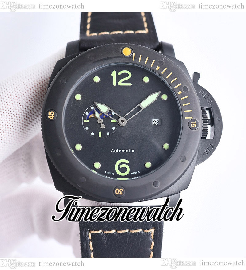 

44mm BD1 Phase Moon 8217 Automatic Mens Watch Black Dial PVD Black Steel Case Luminous Leather Strap Gents Watches TWBE Timezonewatch E47A, Waterproof service