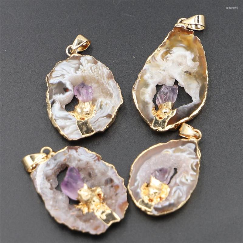 

Pendant Necklaces Geode Stone Agates Healing Slice Pendants Inlaid Natural Amethysts Point Irregular Elegant Quartzs Jewelry Making 4PCS