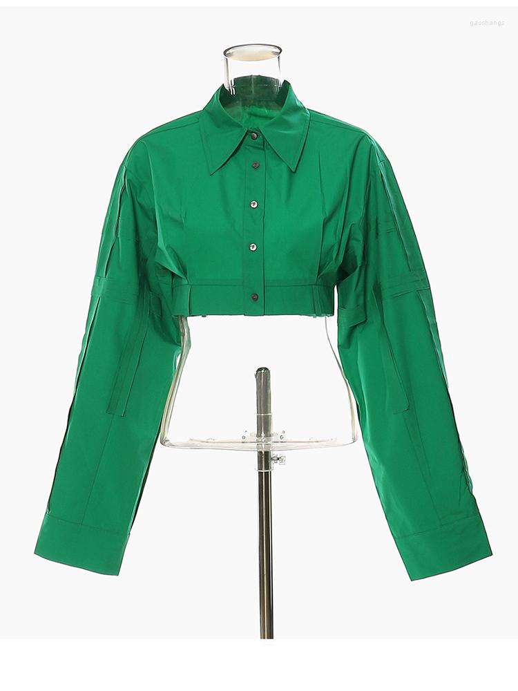

Women' Blouses Women Green Shaped Big Size Short Blouse Lapel Long Sleeve Loose Fit Shirt Fashion Tide Spring Autumn 2023 C831