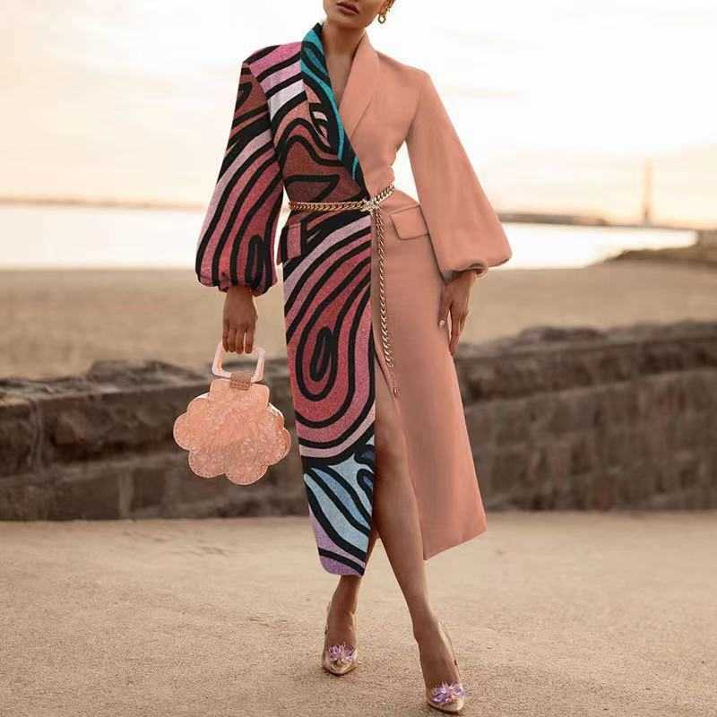 

autumn 2023 and winter women' polo long-sleeved fashionable casual woolen warm coat for women, Yellow geometric printing