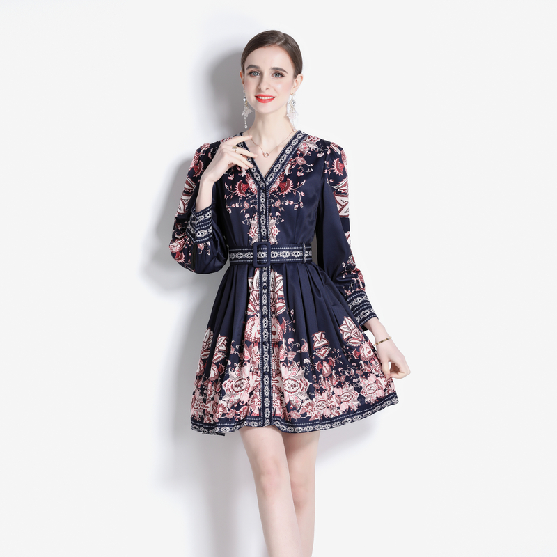

2023 Vintage Floral V-Neck Blue Dress Women Designer Long Sleeve Elegant Print Mini Dresses With Belt Sweet Cute Dinner Party Ladies Club High Waist Slim A-Line Frocks
