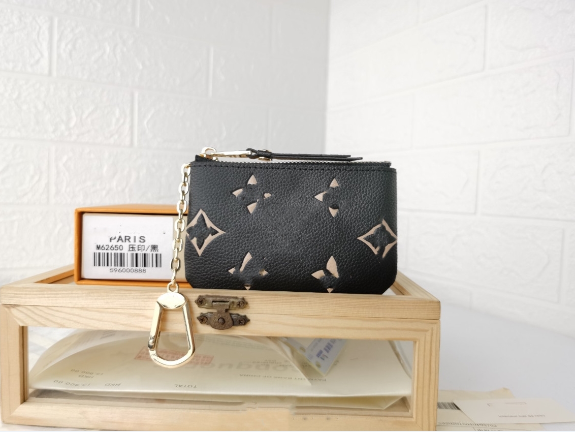 

New Fashion style coin pouch men women Purses lady Leather Classic VINTAGE coin purse key wallets mini wallet with box dust bag Genuine leather 5A Quality, Black with white flower