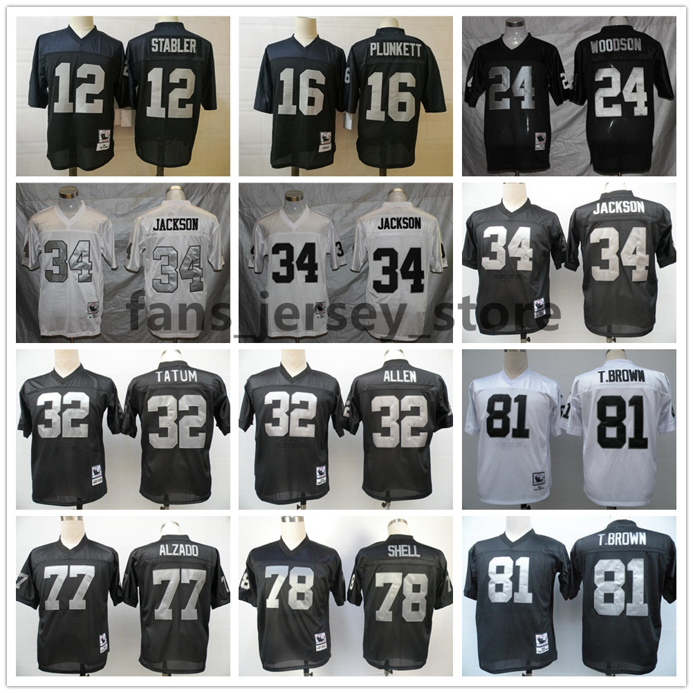 

Vintage Football Jerseys 12 Ken Stabler 16 Jim Plunkett 25 Fred Biletnikoff 32 Marcus Allen 34 Bo Jackson 37 Lester Hayes Long Alzado Shell Brown 24 Woodson 00 Jim Otto, Same as picture