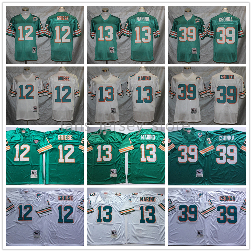 

Vintage 12 Bob Griese Football Jerseys 13 Dan Marino 39 Larry Csonka Teal Green Home 75th Stitched Shirt, Same as picture