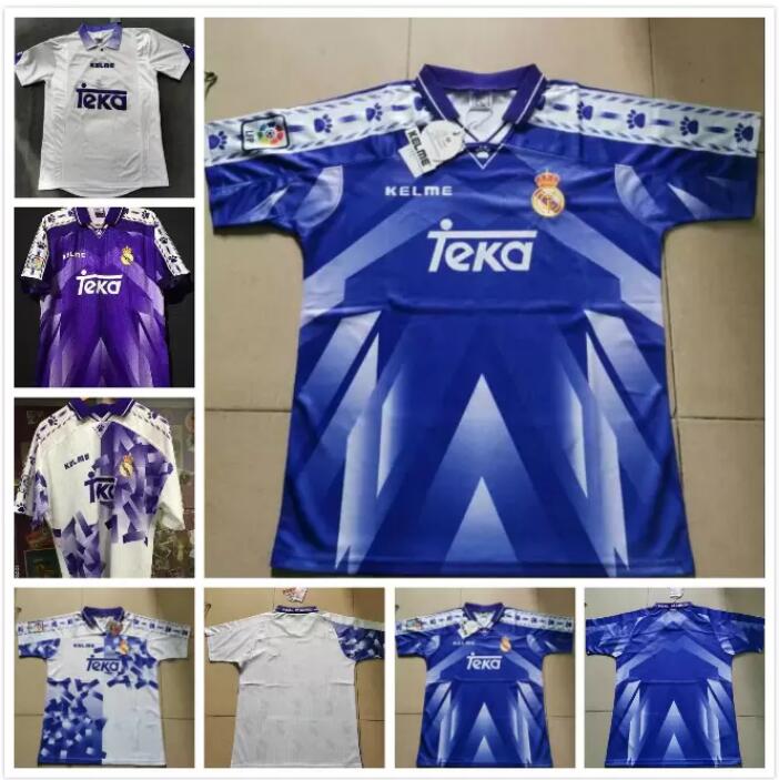 

94 95 96 97 Retro Real Redondo Madrid Soccer Jerseys #7 Raul #9 Zamorano home white away blue football Shirts Vintage MAGLIA Camiseta de futbol