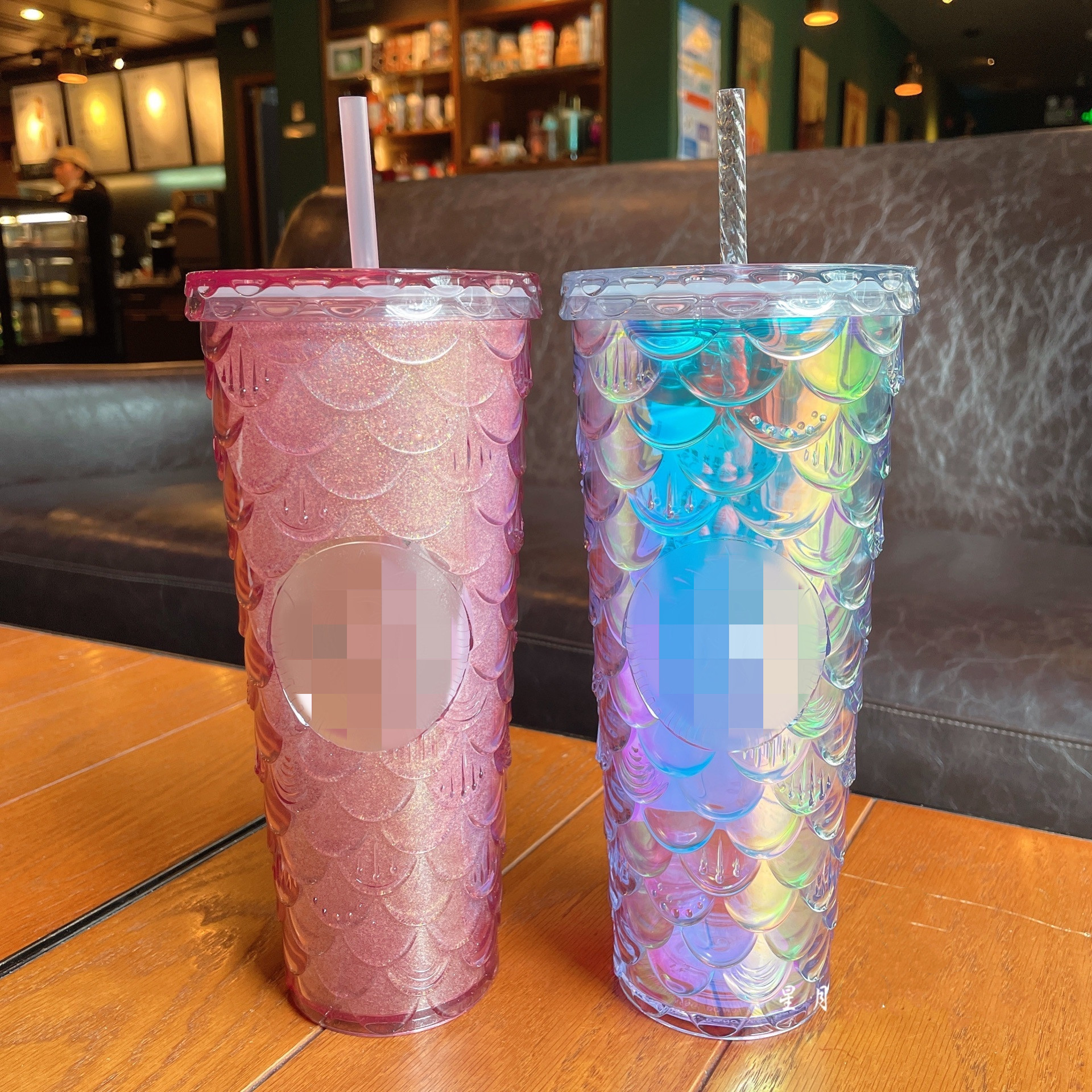 

24oz Starbucks Mugs Double Barbie pink Durian Laser Straw Cup Tumblers Mermaid Plastic Cold Water Coffee Cups Gift Mugs, Multi-color