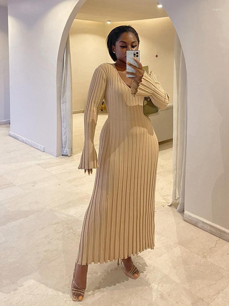 

Casual Dresses Hirigin V-neck Women Knitted Long Dress Autumn Elegant Ribbed Sleeve Bodycon Ladies Fashion Streetwear, Black