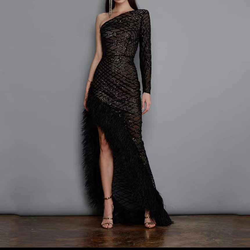 2023 Robes de soir←e noir ←meraude One ←paule Collier ←lev← avec des robes de f↑te en cristal diamant arabe