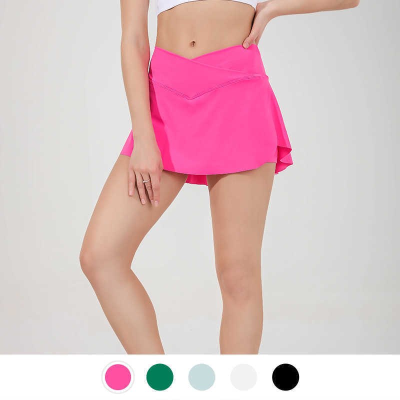 

LU-A1055 High Waist Side Split Tennis Skirt Pleated Skirts Nude Light Resistant Fake Two Piece Yoga Sports Skirt, Grey blue