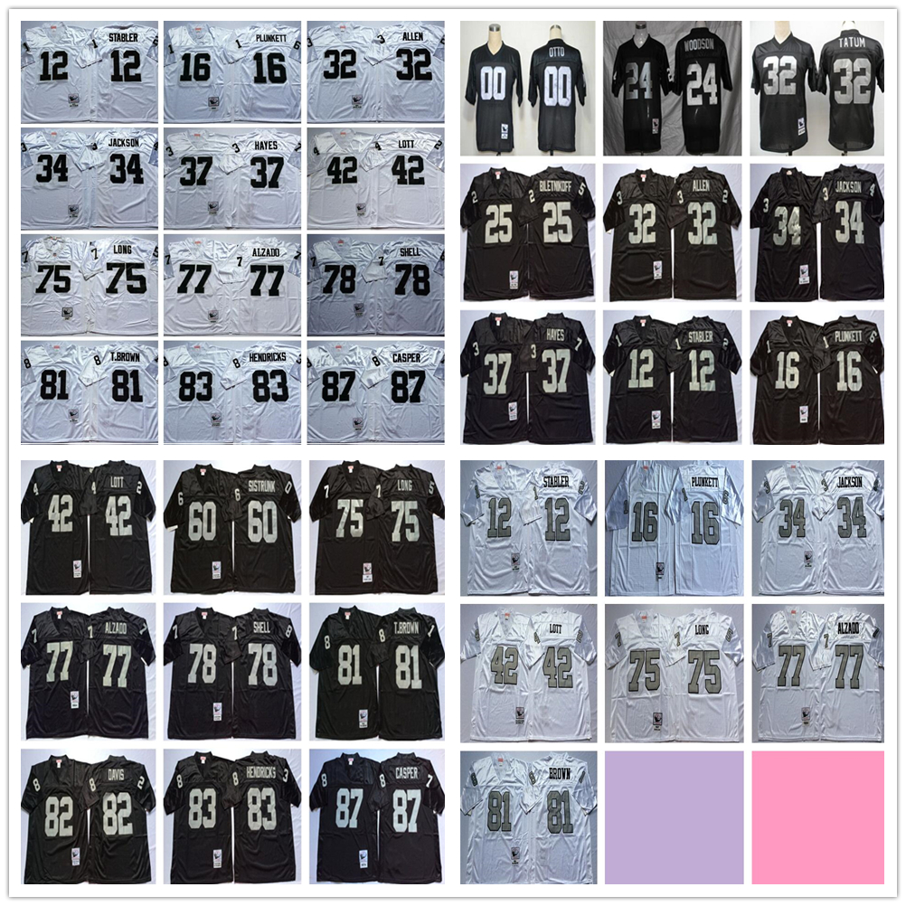 

Vintage 16 Jim Plunkett Football Jersey 12 Ken Stabler 42 Ronnie Lott 60 Otis Sistrunk 75 Howie Long 77 Lyle Alzado 78 Art Shell 81 Tim Brown 82 Al Davis 87 Dave Casper, Choose number on picture
