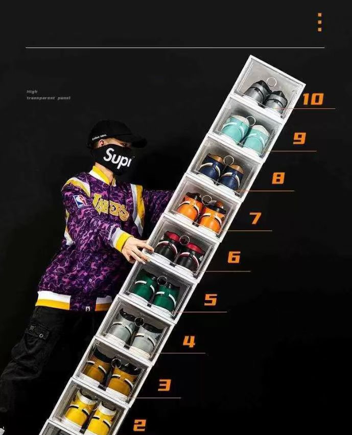 

6-12pcs Large Shoe Box Stackable Display Drawer Storage Heel Case Cabinet Sneaker Plastic Organizer Home Closet Organizer, Black