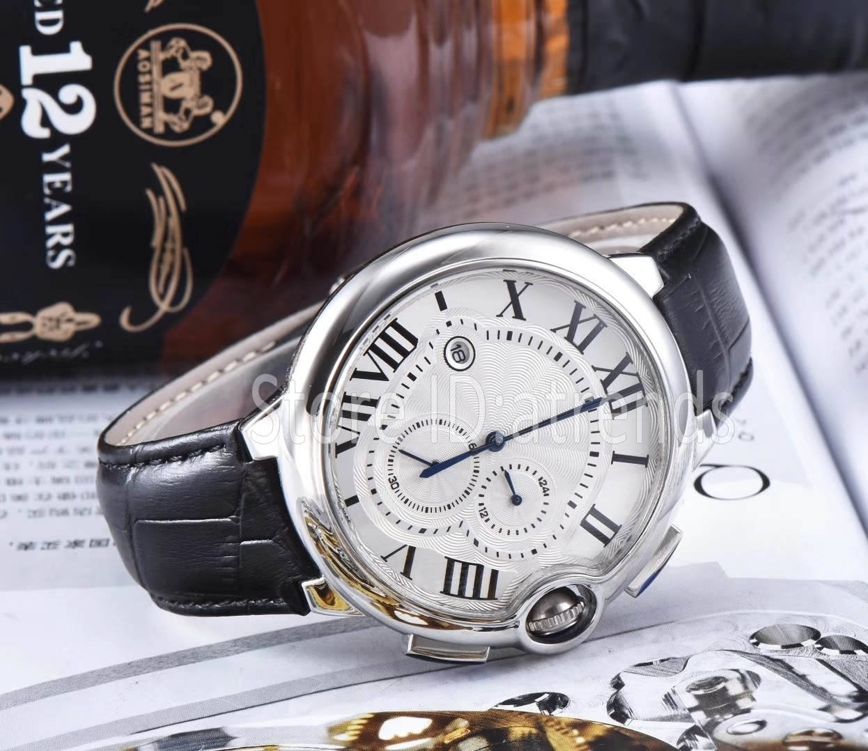 

Top Fashion Quartz Chronograph Watch Men Gold Silver Dial Classic Stopwatch Design Wristwatch Gentlemen Casual Leather Strap Stainless Steel Band Clock 1614, Silver;leather strap