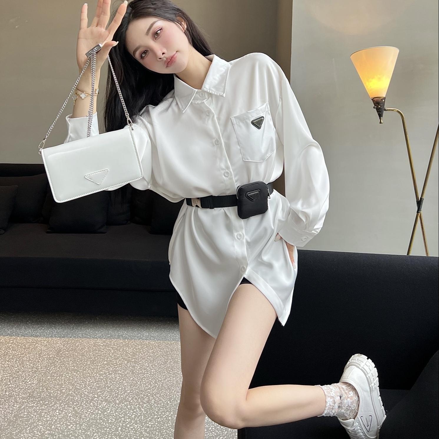 Designer Blouses Shirts Women Shirt 2023 Spring Autumn One Piece Top Sexy Stand-up Collar Distribute pockets