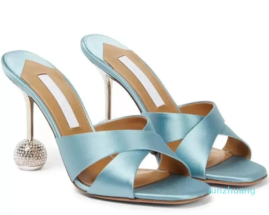 

Aquazzura high heeled Slippers for womens satin sandals Designer 546 studded heel shoe top quality Leather sole sandal 10CM Abnormal Heels Slipper 35-42