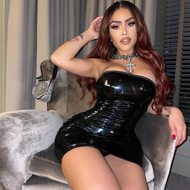 

2023 Black PU Leather Pencil Dresses Women Designer Slim Fit Mini Dress Club Party Wear Free Ship