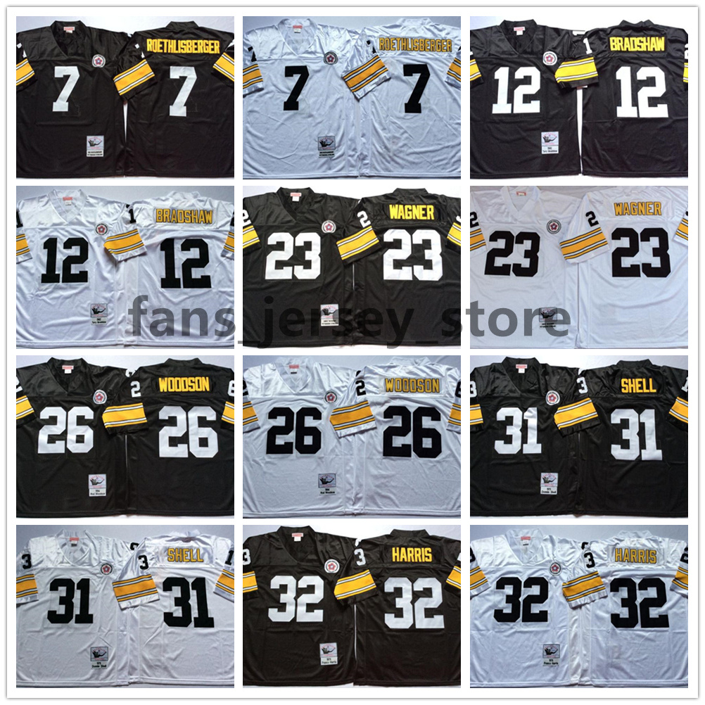 

Vintage 32 Franco Harris Football Jersey 20 Rocky Bleier 23 Mike Wagner 26 Rod Woodson 31 Donnie Shell Franco Harris 7 Ben Roethlisberger 12 Terry Bradshaw, Same as picture