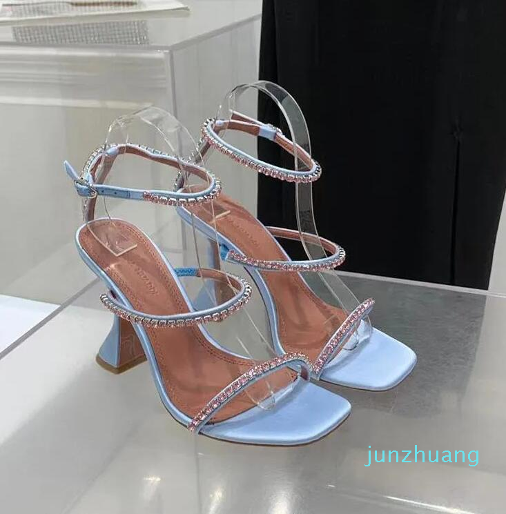 

Top Quality Amina muaddi blue real silk Sandals 95mm Crystal embellished strap spool Heels heel for Roman shoes women summer Sandals 87945, 9#