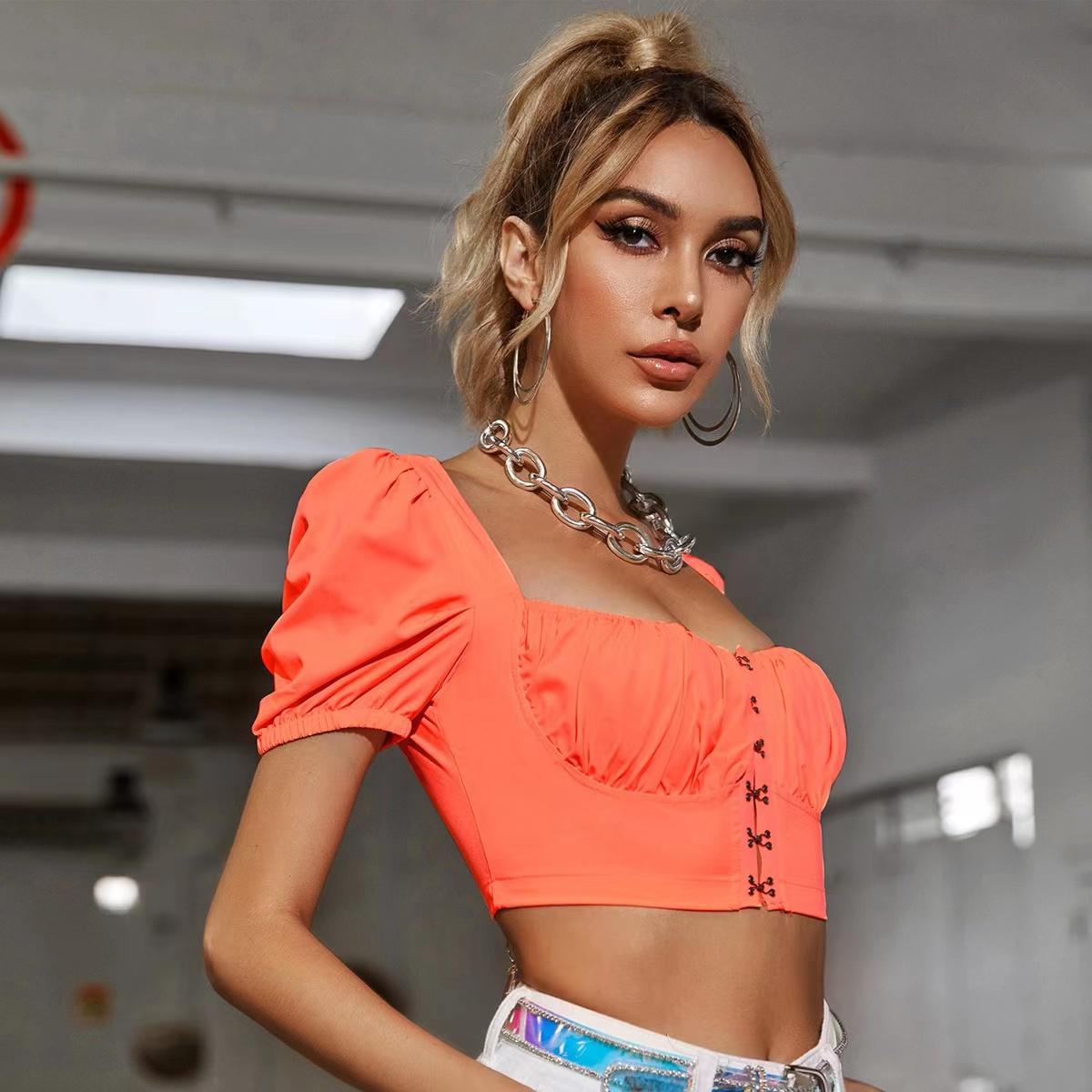 Women&#039;s coat Shirts classic Solid V-Neck Womens Blouses Tops And Bustier Corset Sexy Top Hooks Bubble Sleeve Spring-image-839910312