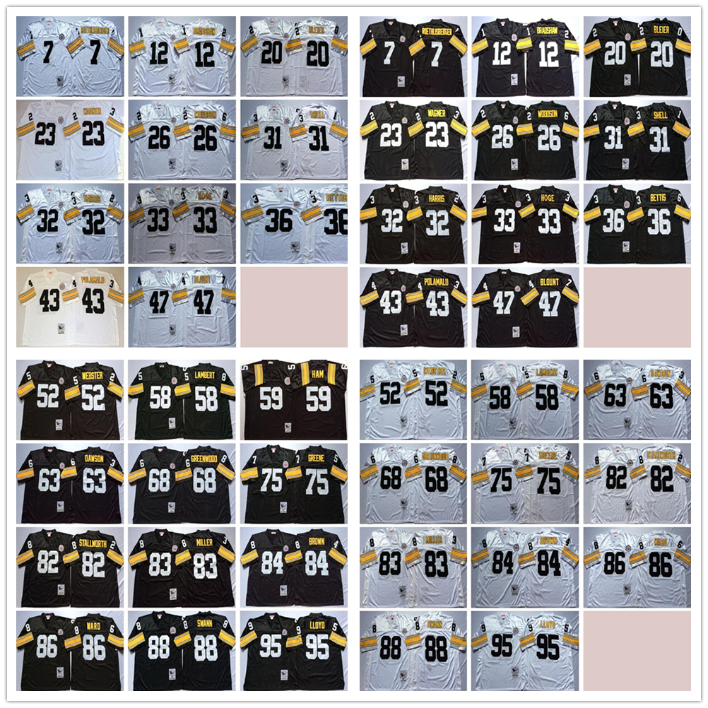 

Vintage Football Jerseys 32 Franco Harris 43 Troy Polamalu 47 Mel Blount 12 Terry Bradshaw 20 Rocky Bleier 23 Mike Wagner 26 Rod Woodson 31 Donnie Shell 36 Jerome Bettis, Choose number on picture
