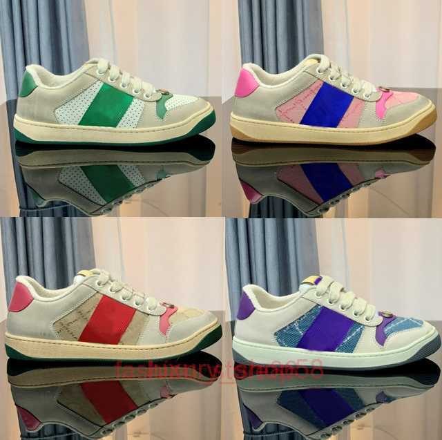 

Designer Stripe Shoes Fashion Dirty Leather Lace-up Tennis Shoe Fabric Low Top Canvas Sports Casual Men Women Screener Sneaker with size 35-44