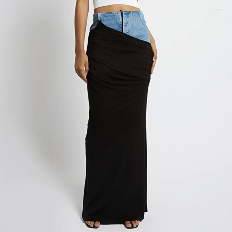 

Skirts Patchwork High Waist Denim Skirt For Women In Spring 2023 Black Pleated Stitching Long