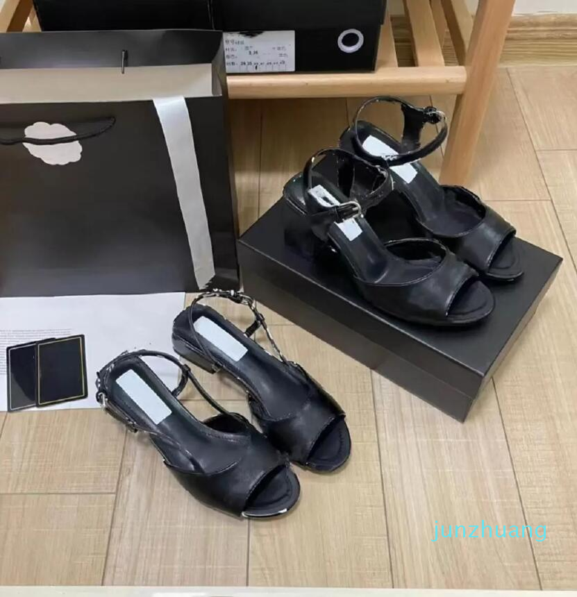 

Summer Printing Leather Sandals Flat Bottom Buckle Latch Party Wedding Sandal Paris Fashion Brand slipper Designer Women sexy High Heel Sandals 615, All black