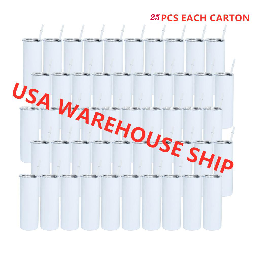 

USA warehouse 20oz sublimation blank skinny tumbler sublimatable stainless Steel slim tumblers with clear straw Straight Tumbler Rubber Bottom Metal Straws, White