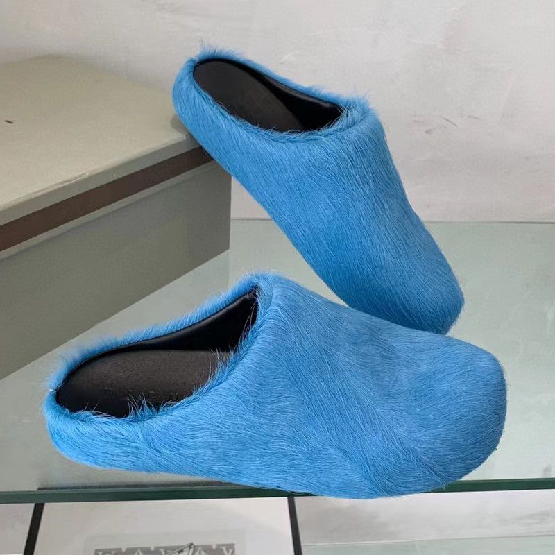 

Horse Fur Slippers Women Luxury Brand Designer Shoes Round Toe Ladies Slides Horsehair Top Quality Outdoor Factory Footwear Plus Size 44 Men Slipper, Orange